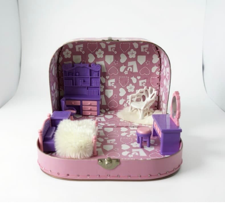 A pink standing mirror has been added on the right. The chair has moved slightly. The room is reading as a proper bedroom now.