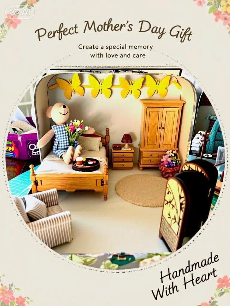 A miniature breakfast-in-bed scene in a suitcase, small bed, tray, soft textiles. The kind of room a Maileg mouse would live in.