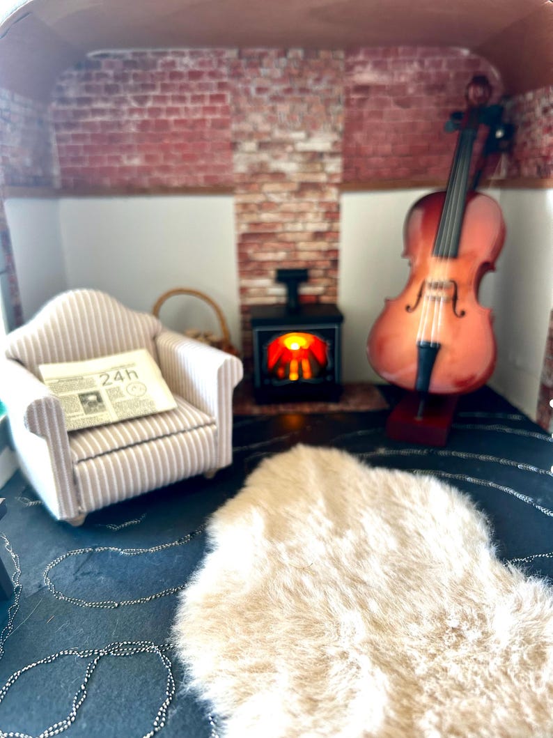 Cosy Lounge Fire with Double Bass Scene in a Suitcase with Maileg Mouse.