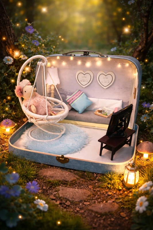 Maileg Mouse Inspired Swing Chair Lounge Scene in a Suitcase — photo 2