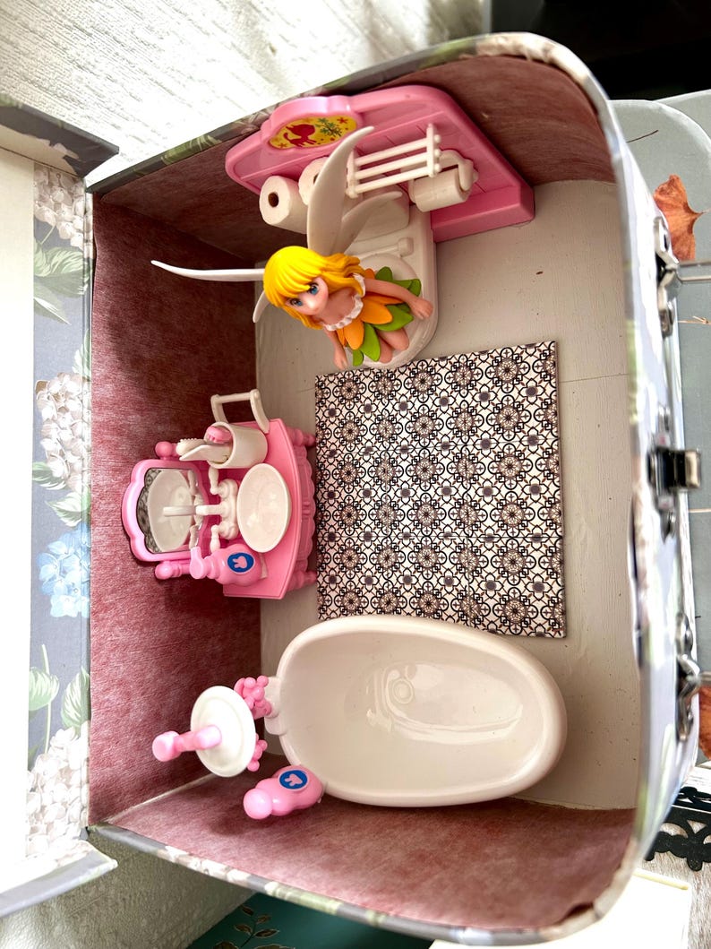 Traditional Bathroom Scene in a Suitcase or a Fairy or Little Lady